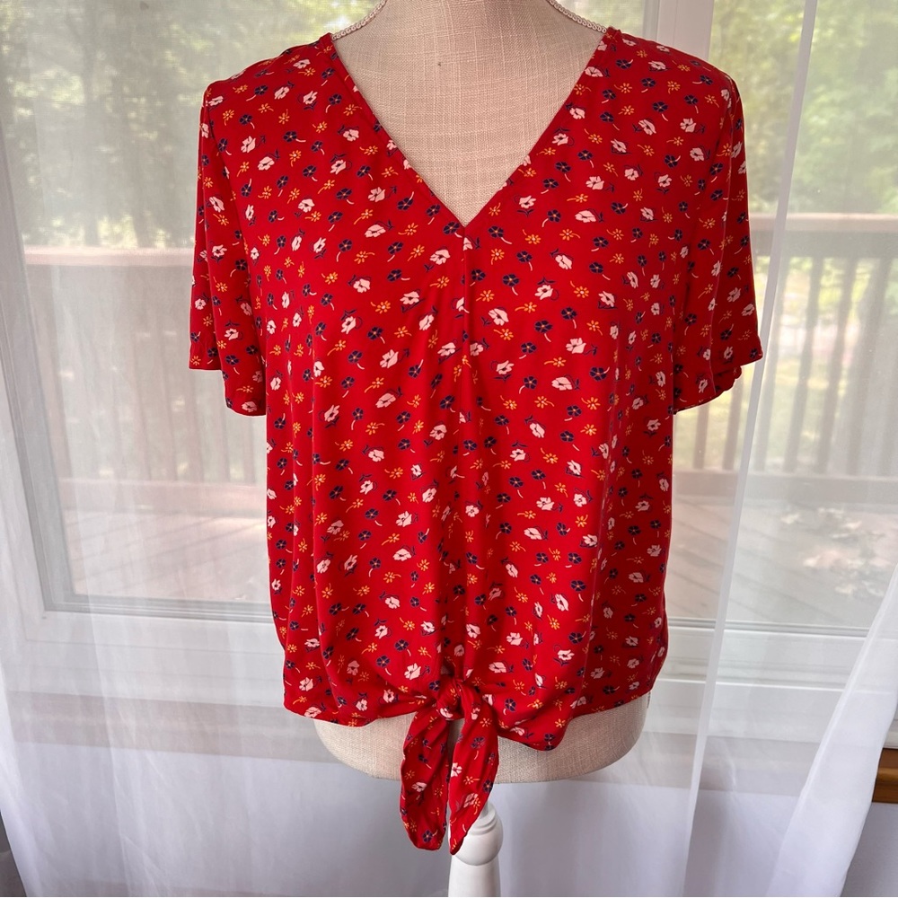 Madewell Novel Tie-Front Top Prairie Posies Red Floral Size Medium - Picture 2 of 14